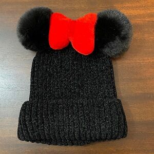Disney Minnie Mouse Black Knit Beanie Hat with Red Bow
